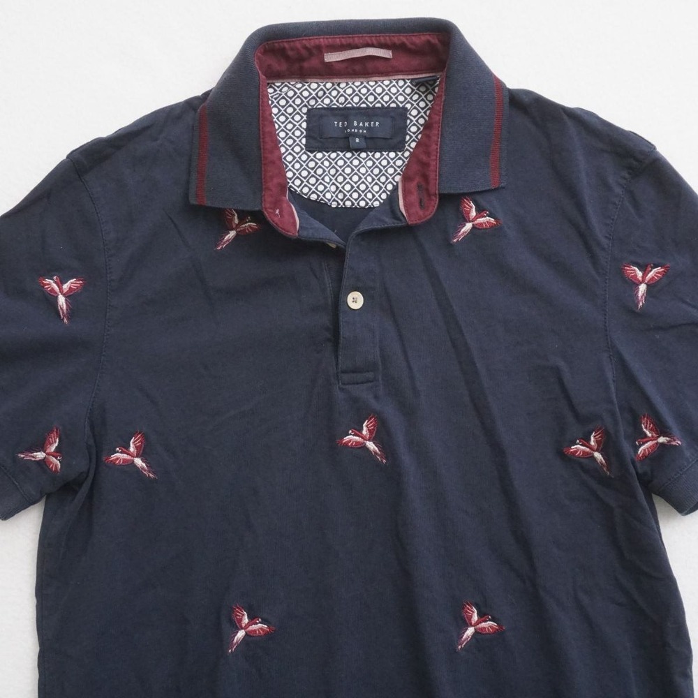 Ted Baker Polo Shirt Bird Embroidered Print Short Sleeve Top Cotton Size 2